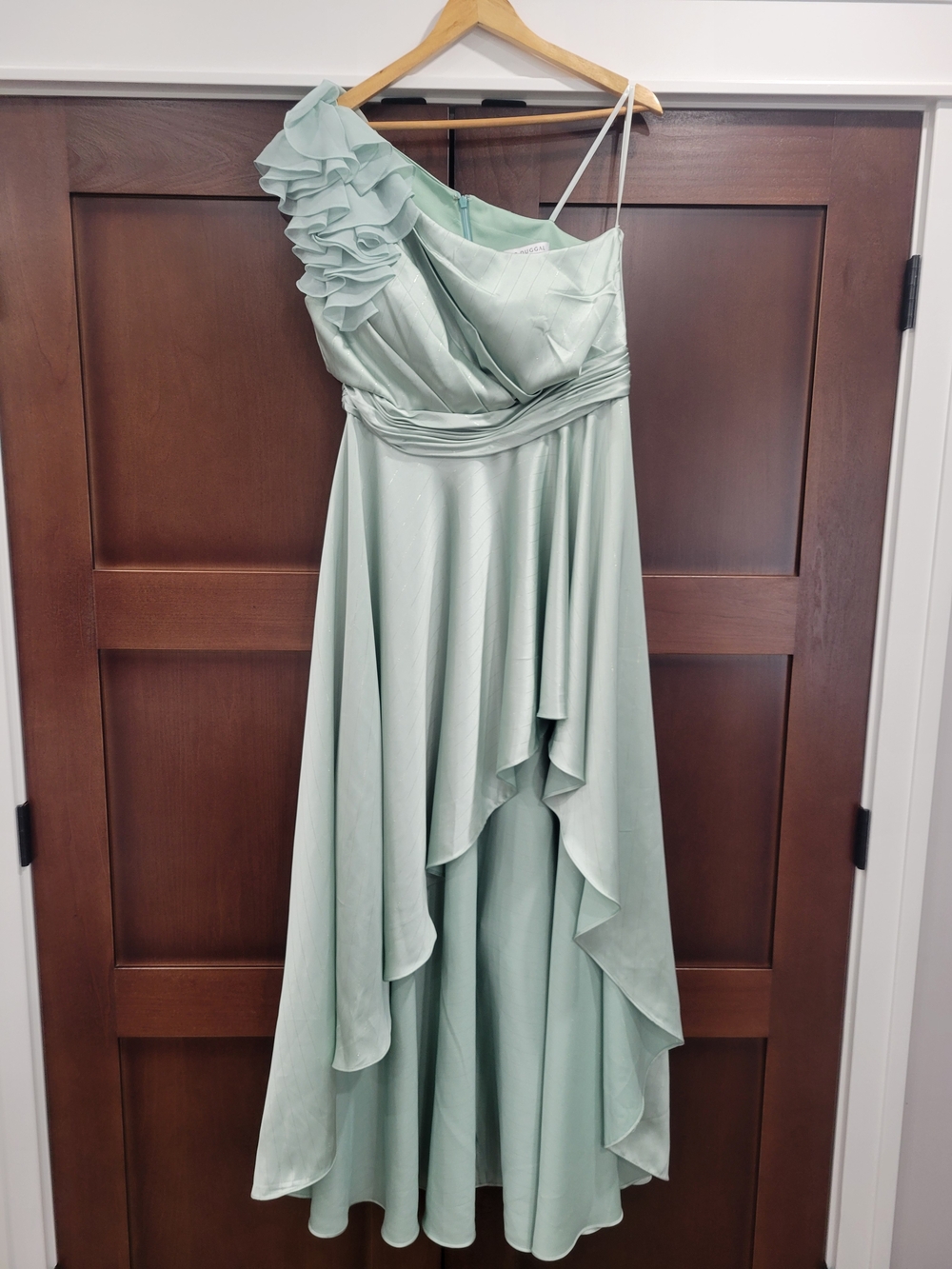 Mac Duggal Sage Green One-Shoulder Ruffle High-Low Gown - Picture 4 of 6
